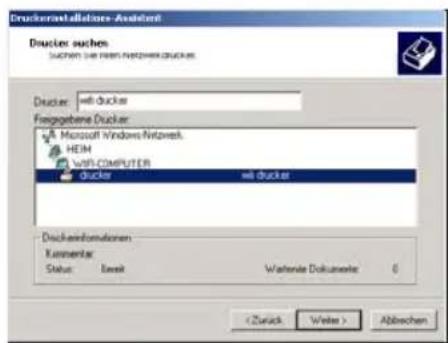 Drucker Installations - Assistant Drucker suchen Durchen Sie sich Netzwerkdrucke: Drucker: wdi ducke Fenggebene Drucker: Microsoft Windows/Netzwerk. HEIM wif- COMPUTER drucker: wdi ducke Duckereformungen Kommentar Status: Event Wertenke Dokumente: 0 Abbrechen