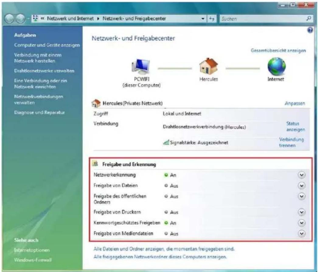Netzwerk- und Freigabecenter Gesamtübersicht anzeigen PCWIFI (dieser Computer) Hercules Internet Hercules (Privates Netzwerk) Anpassen Zugriff Verbindung Lokal und Internet Drahtlosnetzwerkverbindung (Hercules) Status anzeigen Signalstärke: Ausgezeichnet Verbindung trennen 23 Freigabe und Erkennung Netzwerkerkennung An Freigabe von Dateien Aus Freigabe des öffentlichen Ordners Aus Freigabe von Druckern Aus Kennwortgeschütztes Freigeben An Freigabe von Mediendateien Aus Alle Dateien und Ordner anzeigen, die momentan freigegeben sind. Alle freigegebenen Netzwerkordner dieses Computers anzeigen. Aufgaben Computer und Geräte anzeigen Verbindung mit einem Netzwerk herstellen Drahtlosnetzwerke verwalten Eine Verbindung oder ein Netzwerk einrichten Netzwerkverbindungen verwalten Diagnose und Reparatur Siehe auch Internetoptionen Windows-Firewall