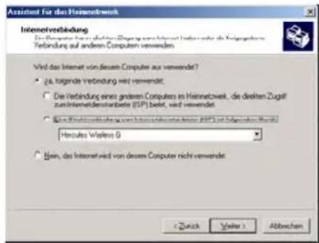 Assistent for the Heinertnetwerk Internetverbindung Die Computer has been installed. Ziegung zum Internet sind unter der Vorhaberungen. Verbindung auf anderen Computer verwenden. Wird das Internet von diesem Computer aus verwendet? • 24. folgende Verbindung wird verwendet. • Die Verbindung eines anderen Computers in Heinertnetwerk, die destehen Zugell zuninterbindenzartete (SP) wird, wird verwendet. • Die Internet werden vor einem Internet deschubiert (SP) und fälligkeiten (FIS). Hercules Wireless G • Hier, das Internet wird von diesem Computer nicht verwendet.
