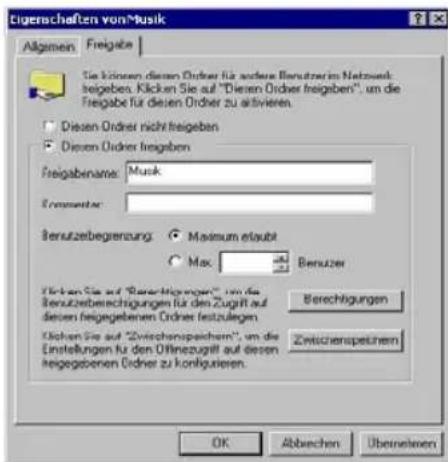 Eigenschaften von Musik Allgemein Freigabe Sie können diesen Ordner für andere Bereuterim Netzwechselgegeben. Klicken Sie auf "Dieren Ordner freigeben", um die Freigabe für diesen Ordner zu aktivieren. ■ Diesen Ordner nicht freigeben ■ Diesen Ordner freigeben Freigabename: Musik Fremester: Benutzerbegrenzung: ● Maximum eräubt ○ Max: ■ Benutzer Rücken Sie auf "Bereinigungern", um die Benutzbereichungen für den Zugriff auf dessen beigegebeneuordner Ordner festzulegen Rücken Sie auf "Zwischenspeichern", um die Einstellungen für den Öffinezzugriff auf dessen beigegebeneuordner zu konfigulieren. OK Abzechen Überneueren