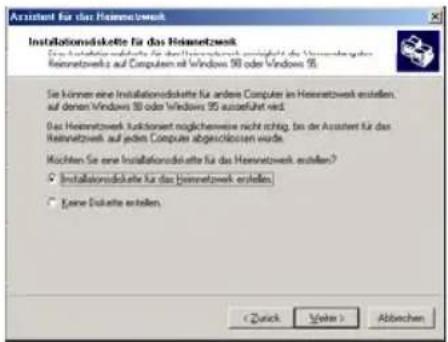 Assistant für das Heimernetwerk InstallationDiskette für das Heimernetwerk Die InstallationDiskette für das Heimernetwerk versetzt des Vassenskosten der Heimernetwerk auf Computers mit Windows 90 oder Windows 95. Sie können eine InstallationDiskette für anders Computer im Heimernetwerk erstellen, auf denen Windows 90 oder Windows 95 ausgeführt wird. Das Heimernetwerk funktioniert möglicheneweise nicht richtig, bei der Assistant für das Heimernetwerk auf jeden Computer abgeschlossen wurde. Möchten Sie eine InstallationDiskette für das Heimernetwerk erstellen? ○ InstallationDiskette für das Heimernetwerk erstellen ○ Keine Diskette erstellen. < Back Next > Abbechen