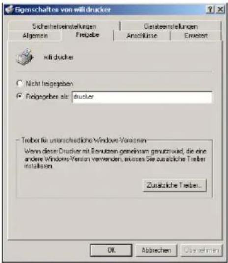 Eigenschaften von Will drucker Sicherheitsinstellungen Allgemein Freigebe Gefektstellungen Anschlärse Erweiter Will drucker Nicht festegeben Freigegeben als drucker - Treiber für unterschiedliche Windows Versionen Wenn dieser Drucker mit Betriebem gemeinsam genutzt wird, die eine andere Windows Version verwenden, müssen Sie zusätzliche Treiber installieren. Zusätzliche Treiber... OK Abbrevien Übernehmen