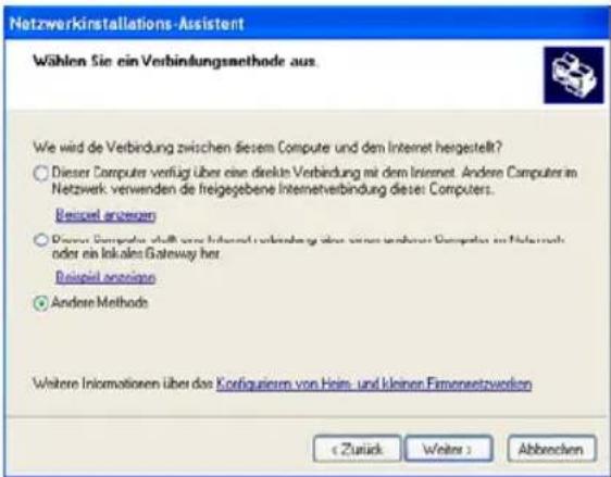 Netzwerkinstallations-Assistant Wählen Sie ein Verbindungsmethode aus. We wird de Verbindung zwischen diesem Computer und dem Internet hergestellt? ○ Dieser Computer verfügt über eine direkte Verbindung mit dem Internet. Andere Computers im Netzwerk verwenden die freigegebene Internetverbindung dieser Computers. Beispiel angegeben ○ Dieser Computer statt von Internet verbindung über einen anderen Computers in Netzwerk oder ein Inkolen Gateway her. Beispiel angegeben ● Andere Methods Weitere Informationen über das Konfiguierern von Heirs- und kleinen Firmensetzworion < Zustück Weiter > Abbrechen