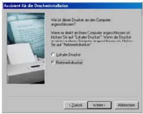 Assistent für die Druckeinstallation Wie ist dieser Drucker an den Computer angeschüssen? Wenn er direkt an ihren Computer angeschlossen ist klicken Sie auf "Lokaler Drucker". Wenn der Drucker Sie auf einem Drucker angehalt aus dem. Klicken Sie auf "Netzwerkdrucker" ○ Lokaler Drucker ● Netzwerkdrucker < Zulick Weiter > Abbrevien