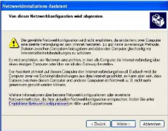 Netzwerkinstallations-Assistent Von dieser Netzwerkkonfiguration wird abgeraten. Die gewählte Netzwerkkonfiguration wird nicht empfohlen, da minderlöse zwei Computer eine drekte Verbindung mit den Internet herstellen. Es gibt keine zuverlerrige Methode. Dateien zwischen Computam freizugaben und dabei den Computer gleichzeitig vor Internetsicherheitsbedichungen zu schützen. Es wird empfohlen, an Netzwerk einzunichten, in dem alle Computer die Internet-verbindung über einen einzigen Computer oder über ein lokale Gateway herstellen. Dar Assistant aktiviert auf diesem Computer den Internet-verbindungsrechnet. Dadurch wird der Computer zwar vor Sicherheitsbediehungen aus dem Internet geschübt, es kann aber sein, dass Dateien zwischen diesem Computer und anderen Computer im Netzwerk u. U. nicht mehr gemeinsam genutzt werden können. Weitere Informationen über bessere Netzwerkkonfigurationen oder erweiteile Netzwerkmethoden, die ihrer aktuellen Netzwerkkonfiguration entsprechen, finden Sie unter Empfehlene Netzwerkkonfigurationen im Hille- und Supportover. < Zurück Weiter > Abtrechen