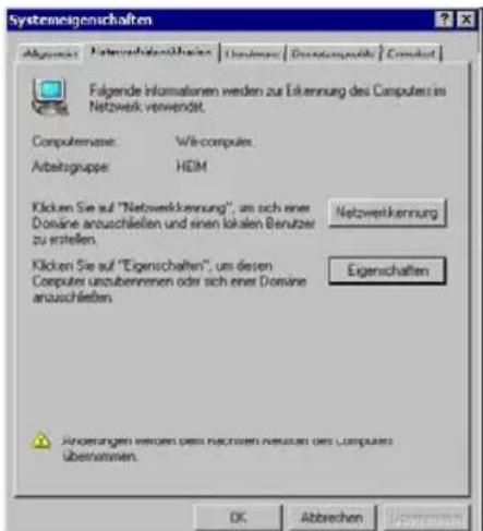 Systemeigenschaften Abgänge: Nettoverkennwerte Discretion: Discretionneutral | Constant Folgende Informationen werden zur Erkennung des Computers im Netwerk verwendet. Computername: Wirkcomputes Arbeitsgruppe: HDM Klicken Sie auf "Nettoverkennung", um sich eine Dorsine anauschließen und einen lokeln Benutzer zu erstellen. Klicken Sie auf "Eigenschaften", um diesen Computes unzubennemten oder sich einer Dorsine anauschließen. Eigenschaften Anhangungen werden dem nachsten Neusten des Computers übernehmen. OK Abbrechen Upgrades