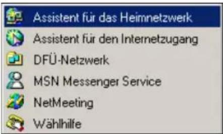 Assistent für das Heimnetzwerk Assistent für den Internetzugang DFÜ-Netzwerk MSN Messenger Service NetMeeting Wählhilfe
