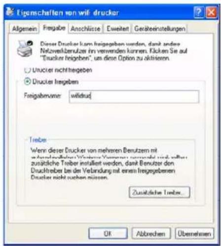 Eigenschaften von wifi drucker Allgemein Fragabe Anschlüssel Eweiten Geräteeinstellungen Dieser Drucker kann freigegeben werden, damit andere Netzwerkbenutzer im verwenden können. Klicken Sie auf "Drucker freige", um diese Option zu aktivieren. Drucker nicht freigeben Drucker freigeben Freigabenzener: wildzuut Trebe Wenn dieser Drucker von mehreren Benutzern mit werte Verlusteben, weitere Verlusten sind, damit benutzer den zustatische Treiber installiert werden, damit Benutzer den Drucktreber bei der Verbindung mit einem freigegebenen Drucker nicht suchen müssen. Zusätzliche Treibe... OK Abbrechen Übenehmen