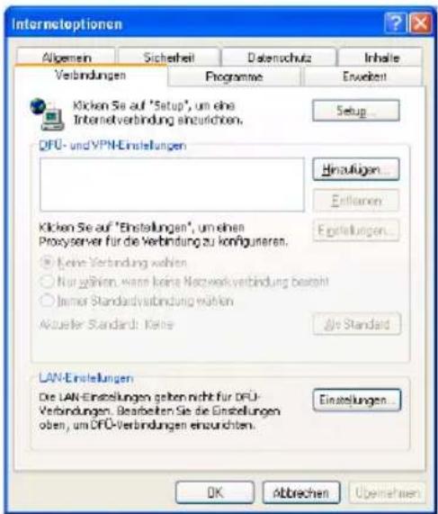 Internetoptionen Allgemein Sicherheit Datenschutz Inhalle Verbindungen Programme Enweiten Klicken Sie auf 'Setup', um eine Internetverbindung einzurichten. Setup... DFU- und VPN-Einstellungen Hinzufügen... Enflüssen Einstellungen... Klicken Sie auf "Einstellungen", um einen Procyserver für die Verbindung zu konfigunieren. Keine Verbindung wählen Nur während, wie keine Netzwerk verbindung besteht Jaher Standardverbindung wählen Akzueller Standard: Keine äte Standard LAN-Einstellungen Die LAN-Einstellungen geben nicht für DPU-Verbindungen. Bearbeiten Sie die Einstellungen oben, um DPU-Verbindungen einzurichten. Einstellungen... OK Abbrechen Übernehmen