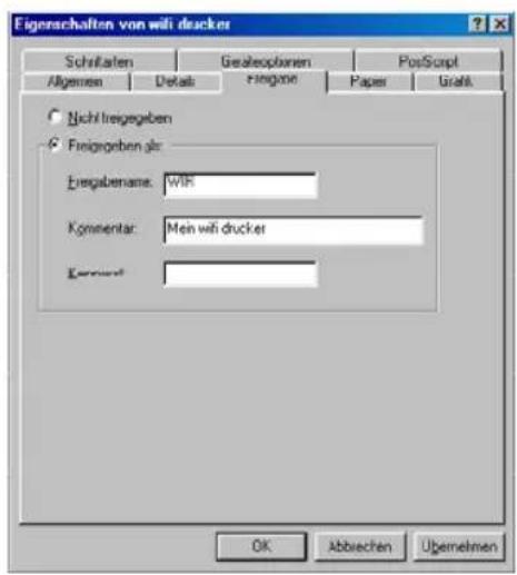 Eigenschaften von wifi drucker Schrifaten Gesleopobnen PostScript Allgemein Details Finigkeit Paper Gralt Nicht treigesgeben Einsgabenans: WIR Kommentar: Mein wifi drucker Kernland: OK Abbrücken Ügemelmen