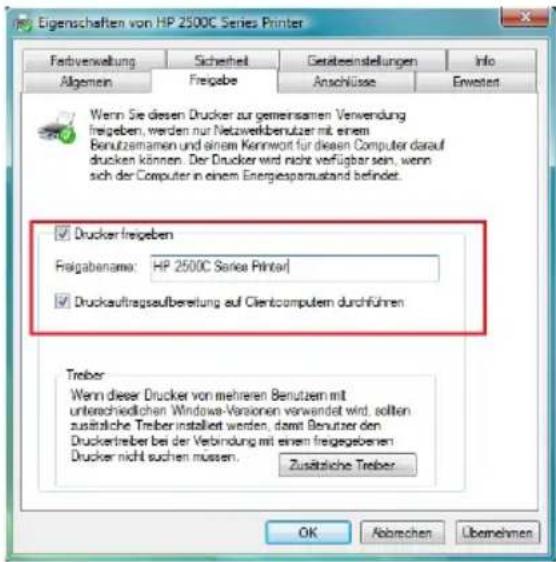 Eigenschaften von HP 2500C Series Printer Fertverwaltung Sicherheit Gesäteinstellungen Info Allgemein Freigabe Anschlüsse Erweiter Wenn Sie diesen Drucker zur gemeinsamen Verwendung fregeben, werden nur Netzwerkbenutzer mit einem Benutzsamamen und einem Kennwort für diesen Computer darauf drucken können. Der Drucker wird nicht verfügbar sein, wenn sich der Computer in einem Energespanzustand befindet. Drucker fregeben Freigabanama: HP 2500C Sarice Printer Druckauftragsaufbereitung auf Clientcomputern durchführen Treiber Wenn dieser Drucker von mehreren Benutzern mit unterchiedlichen Windows-Versionen verwendet wird, sollten zusätzliche Treiber installiert werden, damit Benutzer den Druckertreiber bei der Verbindung mit einem freigegebenen Drucker nicht suchen müssen. Zusätzliche Treiber OK Abbrachen Übemehmen