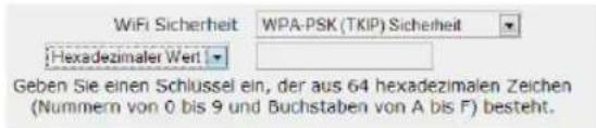 WiFi Sicherheit WPA-PSK (TKIP) Sicherheit [Hexadezimaler Wert] Geben Sie einen Schlüssel ein, der aus 64 hexadezimalen Zeichen (Nummern von 0 bis 9 und Buchstaben von A bis F) besteht.