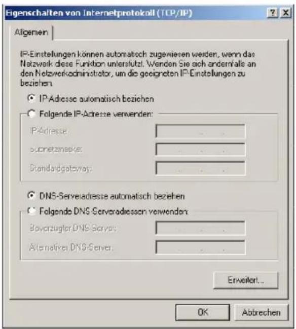Eigenschaften von Internetprotokoll (TCP/IP) Allgemein IP-Einstellungen können automatisch zugewiesen werden, wenn das Netzwerk diese Funktion untersfützt. Wenden Sie sich andererfälle an den Netzwerkadministrator, um die geeigneten IP-Einstellungen zu beziehen IP-Adresse automatisch beziehen Folgende IP-Adresse verwenden: IP-Adresse: subretamsee: Standardgate/lay: DNS-Serveradresse automatisch beziehen Folgende DNS-Serveradiessen verwenden: Bavorzugter DNS-Server: Alternative DNS-Server: Enweiter... OK Abbrechen