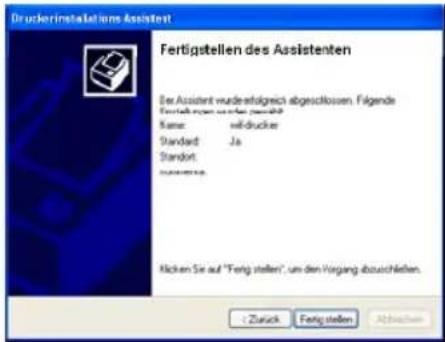 Druckerinstallations.Assistent Fertigstellen des Assistenten Der Assistant wurde erfolgreich abgeschlossen. Folgende Fertigstellen werden aktiviert. Name: sel-drucker Standard: Ja Standort: Klicken Sie auf "Fertig stellen", um den Vergang abauschkeiten. : Zurück Fertig stellen Abschüssen