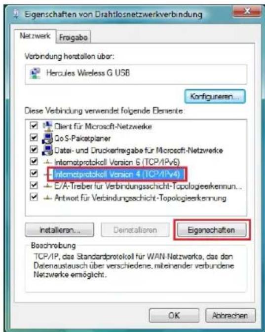 Eigenschaften von Drahtlosnetzwerkverbindung Netzwerk Fragaba Verbindung herstallen über: Hercules Wireless G USB Konfigureren... Diese Verbindung verwendet folgende Elemente: Client für Microsoft-Netzwerke Go S-Paketplaner Data- und Druckertragabe für Microsoft-Netzwerke Internetprotokoll Version 6 (TCP/IPv6) Internetprotokoll Version 4 (TCP/IPv4) E/A-Treiber für Verbindungsschicht-Topologieerkennun... Antwort für Verbindungsschicht-Topologieerkennung Installieren... Deinstallieren Eigenschaften Beachreibung TCP/IP, das Standardprotokoll für WAN-Netzwerke, das den Datenaustausch über verschiedene, miterender verbundene Netzwerke ermöglicht. OK Abbrachen