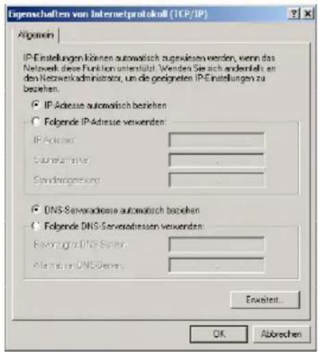 Eigenschaften von Internetprotokoll (TCP/IP) Algemein IP-Einstellungen können automatisch zugekissen werden, wenn das Networkt diese Funktion unterstützt. Wenden Sie sich andererlei an den Netzwerkadministrator, um die geeigneten IP-Einstellungen zu beziehen. IP-Adresse automatisch beziehen Folgende IP-Adresse verwenden: IP-Adapter: Subnetanarve: Standardansware: DNS-Serveradresse automatisch beziehen Folgende DNS-Serveradmissions verwenden: Femontage DNS-Server: Alternative DNS-Server: Envielt... OK Abbrechen