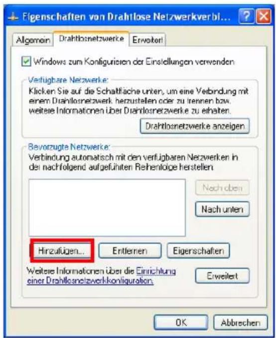 Figschaften von Drahtlose Netzwerkverbl... Algemein Drahtlosnetzwerke Erweiter! Windows zum Konfigurieren der Einstellungen verwenden Verfügbare Netzwerke: Klicken Sie auf die Schaffläche unten, um eine Verbindung mit einem Drahtlosnetzwerk herzustellen oder zu trennen bzw. weitere Informationen über Drahtlosnetzwerke zu erhalten. Drahtlosnetzwerke anzeigen Bavorzugte Netzwerke: Verbindung automatisch mit den verfügbaren Netzwerken in der nachfolgend aufgeführten Rehenlige herstellen Nach oben Nach unten Hirzuflügen... Entfernen Eigenschaften Weitere Informationen über die Einrichtung einer Drahtlosnetzwerkkonligation Erweiter OK Abbrechen