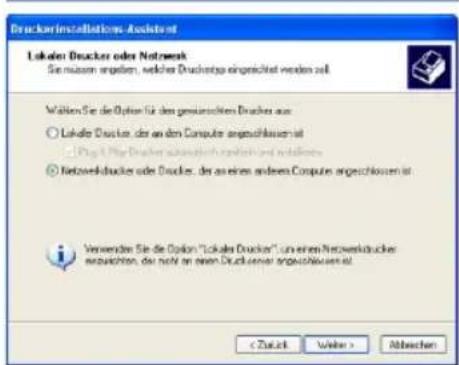 Drucker Installations Assistant Lokate Drucker oder Netzwerk Sie müssen angegeben, welcher Druckstags eingesichtet worden soll Walten Sie die Option für des gesetzlichen Druckes aus ○ Lokate Drucker, der an den Computer angezschlossen ist ● Projekt-Plan Drucker automatisch erworben und installungen ○ Netzwerkdrucker oder Druckes, der an eines anderen Computer angezschlossen ist Verwender Sie die Option "Lokate Drucker" un einen Netzwerkdrucker ansprichten, der nicht an einem Druckerver angezschlossen ist Abgaben