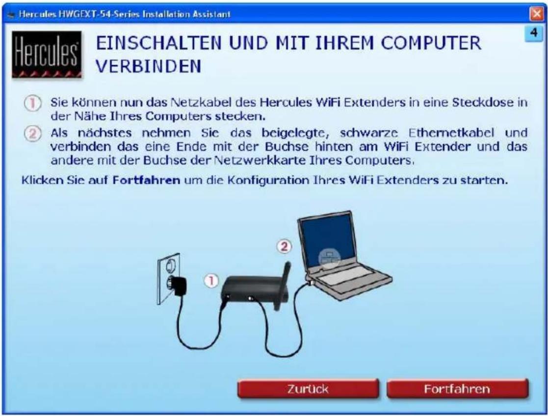Hercules HWGEXT-54-Series Installation Assistant EINSCHALTEN UND MIT IHREM COMPUTER VERBINDEN ① Sie können nun das Netzkabel des Hercules WiFi Extenders in eine Steckdose in der Nähe Ihres Computers stecken. ② Als nächstes nehmen Sie das beigelegte, schwarze Ethernetkabel und verbinden das eine Ende mit der Buchse hinten am WiFi Extender und das andere mit der Buchse der Netzwerkkarte Ihres Computers. Klicken Sie auf Fortfahren um die Konfiguration Ihres WiFi Extenders zu starten. Zurück Fortfahren
