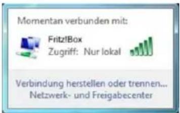 Momentan verbunden mit: Fritz!Box Zugriff: Nur lokal Verbindung herstellen oder trennen... Netzwerk- und Freigabecenter