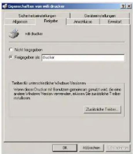 Eigenschaften von mit drucker Sicherheitsstellungen Algaran Freigebe Gesellschaften Anschluss Erwart mit drucker Nicht leagegeben Freigegeben als: drucker Treiber für unterschiedliche Windows Versionen Wenn dieser Drucker mit Benutzern gemeinnam genutzt wird, die eine andere Windows Version verwenden, mikuen Sie zusätzliche Treiber installieren Zusätzliche Treiber... OK Abbrachen Übrachten