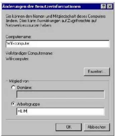 Änderungen der Benutzerinformationen Sie können den Namen und Mitgliedschalt dieses Computers ändem. Dies kann Auswirkungen auf Zugriffsrechte auf Netzwerkressourzen haben. Computername: WiFi-computer Vollständiger Computername: WiFi-computer Eweiter... Mitglied von: • Domâne: • Arbeitsgruppe HEIM OK Abbiechen