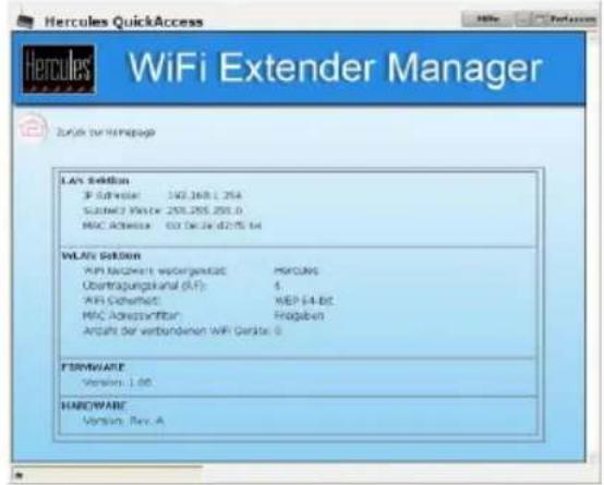Hercules QuickAccess WiFi Extender Manager Zukkur zur Hermitage LAS Edition JP Software 1402.168.1.254 Suzafaci Waste 205.205.205.0 MAC Address 600 De 29 d27% da WLAFC Edition MPI Advanced wedergebnis: MERCANS Übertragungskaral (UF): 4 MPI Security: WEP 64-bt MAC Address: Fragaben Anzahl der verbundenen WiFi Garage: 0 Firmware Version: 1.00 Hardware Version: Rev. A