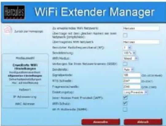 Hercules WiFi Extender Manager Zurich am Homslages Modauszahl Erweiberte WiFi Histoßungen Inkreditrisikierungskosten Abgenges-Einstellungen Sachwahstoffinsszahlen MAC-Veränderung Razwart IP-Adreisierung MAC-Adreisung Zu erwährendes WiFi Netzwerk: Überträge mit dem gleichen Namen wie dort Netwerk (empfohlen): Übertragenes WiFi Netzwerk Beizuteter Radiofrequencybaral (RF): Sendelerung: WiFi Hostus: Verfügbare Sie Steuer Netzwerknahme (SSID): Sendertags: Signaberrider: WTS-Schulde: Fragenzen/Verwelle: Dewichtungsstyp: Inter-Access Point Protocol (APP): WiFi-Schutz: WiFi-Multaneous (MMPs): Hercules Hercules 100% Mend Auto 100% (0-0314 Meek) 2547 2548 C256-2348 Long Powerable ✓ ✓ ✓ Anschaden Abdeck
