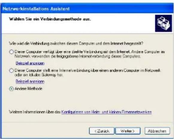 Netzwerkinstallations Assistent Wählen Sie ein Verbindungsmethode aus. Wie wird die Verbindung zwischen diesem Computer und dem Internet hergestellt? ○ Dieser Computer verfügt über eine dretkte Verbindung mit dem Internet. Andere Computer im Netzwerk verwenden die freigesgebene Internetverbindung diese Computers. Beispiel angegeben ○ Dieser Computer stellt eine Internetverbindung über einen anderen Computer im Netzwerk oder an lokale Gateway hat. Beispiel angegeben ○ Andere Methode Weitere Informationen über des Kontiquieren von Heim- und kleinen Firmenetzweirken Abbrieben