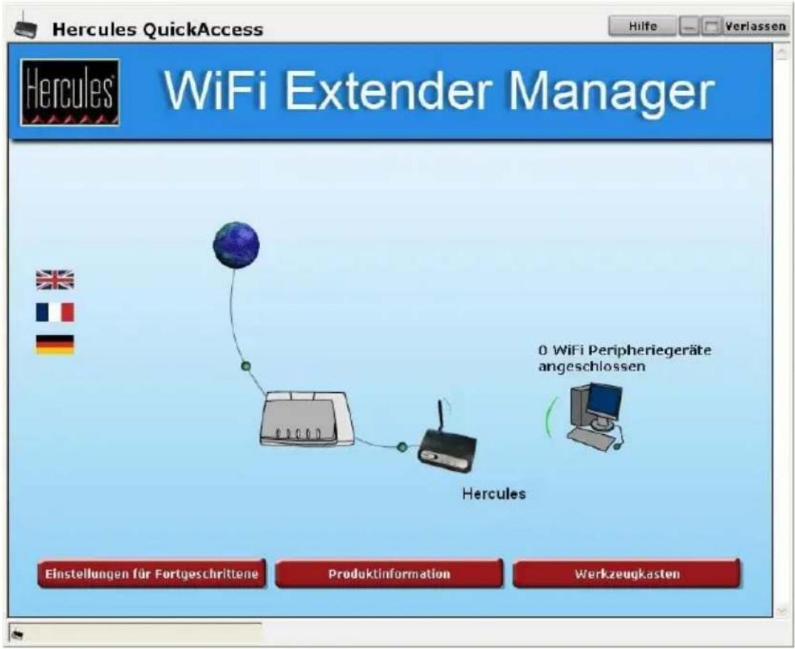 Hercules QuickAccess Hilfe Verlassen WiFi Extender Manager 0 WiFi Peripheriegeräte angeschlossen Hercules Einstellungen für Fortgeschrittene ProduktInformation Werkzeugkasten