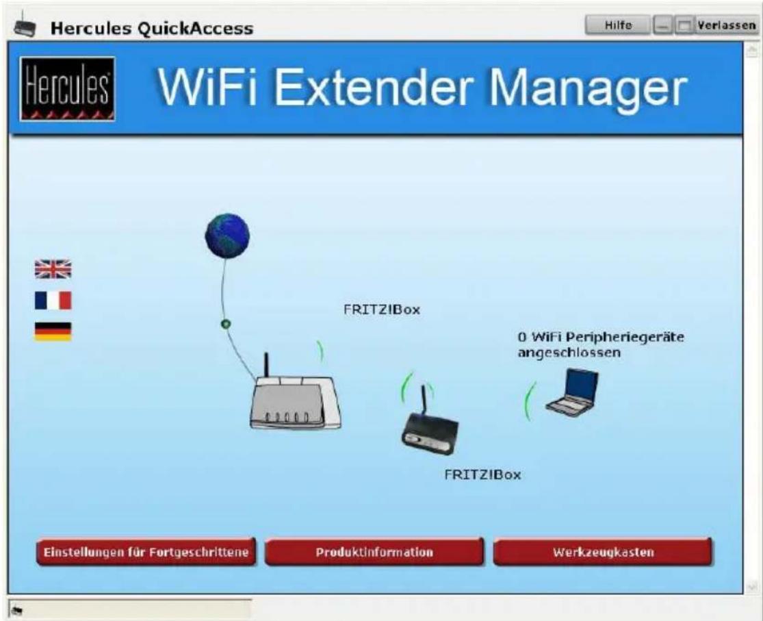 Hercules QuickAccess WFCI Extender Manager FRITZ!Box 0 WiFi Peripheriegeräte angeschlossen FRITZ!Box Einstellungen für Fortgeschrittene Produktinformation Werkzeugkasten