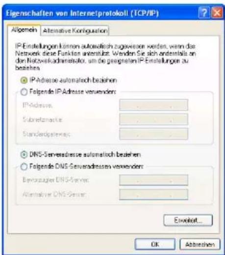 Eigenschaften von Internetprotokoll (TCP/IP) Allgemein Alternative Konfiguration IP-Einstellungen können automatisch zugewissen werden, wenn das Network unternehmens. Wenden Sie sich andersetzt an dan Netzwerkadministrator, um die gezeichneten IP-Einstellungen zu beziehen. IP-Adriesse automatisch beziehen Folgende IP-Adresse verwenden: IP-Adriesse: ...... Subretomarkte: ...... Standardgastware: ...... DNS-Serveradresse automatisch beziehen Folgende DNS-Serveradressen verwenden: Bezugzeugter DNS-Server: ...... Alternative DNS-Server: ...... Einvielt... OK Abtrechen