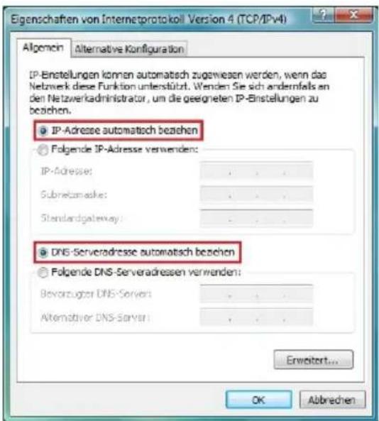 Eigenschaften von Internetprotokoll Version 4 (TCP/IPv4) Allgemein Alternative Konfiguration IP-Einstellungen können automatisch zugewiesen werden, wenn das Netwerk diese Funktion unterstützt. Wenden Sie sich anderinfalls an den Netzverkadministrator, um die geeigneten IP-Einstellungen zu beziehen. IP-Adresse automatisch beziehen Folgende IP-Adresse verwenden: IP-Adresse: . Subnetmaske: . Standardgateway: . DNS-Serveradresse automatisch beziehen Folgende DNS-Serveradressen verwenden: Bevorzugter DNS-Servers . Alternativer DNS-Server . Erweitert... OK Abbrechen