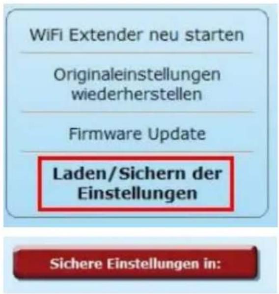 WiFi Extender neu starten Originaleinstellungen wiederherstellen Firmware Update Laden/Sichern der Einstellungen Sichere Einstellungen in: