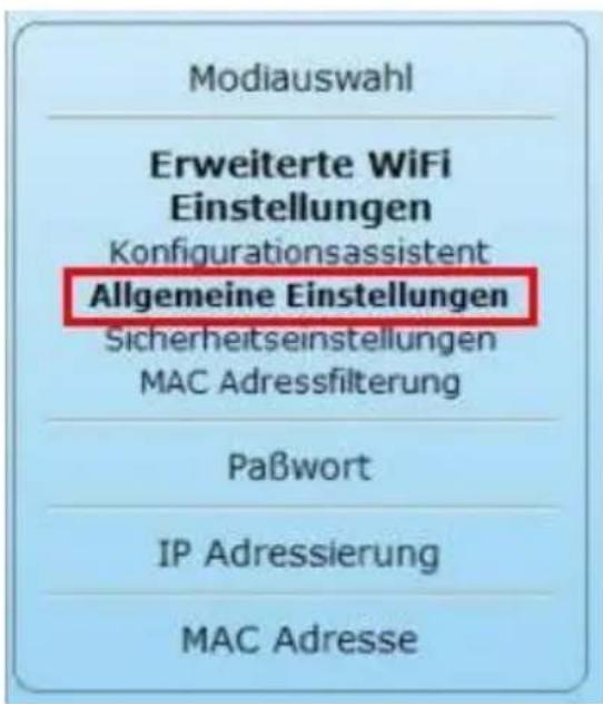 Modiauswahl Erweiterte WiFi Einstellungen Konfigurationsassistent Allgemeine Einstellungen Sicherheitseinstellungen MAC Adressfilterung Paßwort IP Adressierung MAC Adresse