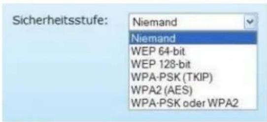 Sicherheitsstufe: Niemand Niemand WEP 64-bit WEP 128-bit WPA-PSK (TKIP) WPA2 (AES) WPA-PSK oder WPA2
