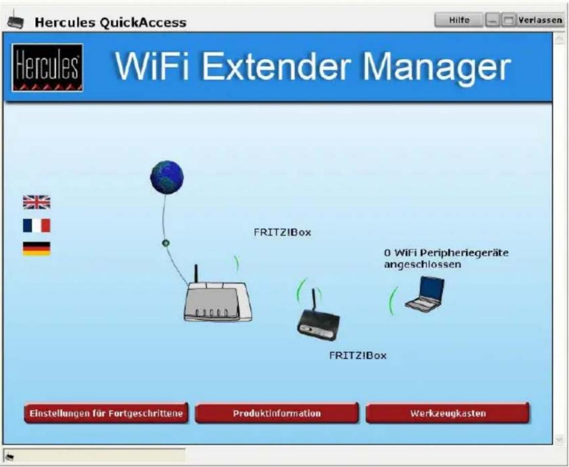 Hercules QuickAccess WFCi Extender Manager FRITZIBox 0 WiFi Peripheriegeräte angeschlossen FRITZIBox Einstellungen für Fortgeschrittene Produktinformation Werkzeugkasten