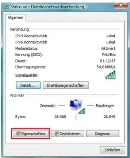 Status von Drahtlosnetzwerkverbindung Allgemein Verbindung IPv4-Konnektivität: Lokal IPv6-Konnektivität: Lokal Medienstatus: Aktiviert Kennung (SSID): Fritz!Box Dauer: 01:12:37 Übertragungsrate: 54,0 MBit/s Signalqualität: Details... Drahtloseigenschaften Aktivität Gesendet — Empfangen Bytes: 28.988 | 25.949 Eigenschaften Deaktivieren Diagnose Schließen