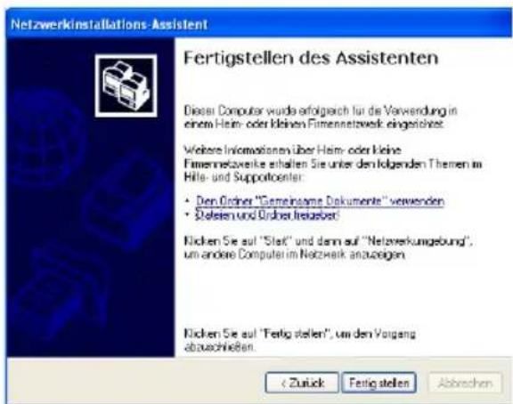 Netzwerkinstallations-Assistent Fertigstellen des Assistenten Dieser Computer wurde erfolgsch für die Vorwendung in einem Heim- oder kleinen Firmennetwork eingerichtet. Weitere Informationen über Heim- oder keine Firmennetworke erhalten Sie unter den folgenden Themen im Hilfe- und Supportcenter: • Den Order "Gemeinsame Dokumente" verwenden • Steilen und Order Inbetrieb! Nicken Sie auf "Slack" und dann auf "Netzverkungebung", um andere Computer im Netzwerk anzuzeigen Nicken Sie auf "Fertig stellen", um den Vorgang abzuschließen < Zurück Fertig stellen Abbrevchen