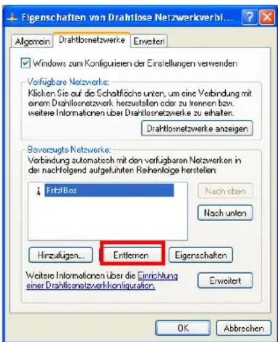 Eigenschaften von Drahtlose Netzwerkverbl... Allgemein Drahtlosnetzwerke Erweiter! Windows zum Konfigurieren der Einstellungen verwenden Verfügbare Netzwerke: Klicken Sie auf die Schaffläche unten, um eine Verbindung mit einem Drahtlosnetzwerk herzustellen oder zu trennen bzw. weitere Informationen über Drahtlosnetzwerke zu erhalten. Drahtlosnetzwerke anzeigen Bavorzugte Netzwerke: Verbindung automatisch mit den verfügbaren Netzwerken in der nachfolgend aufgeführten Reihenfolge herstellen FritzBox Nach oben Nach unten Hinzufügen... Entlemen Eigenschaften Weitere Informationen über die Einrichtung einer Drahtlosnetzwerkkonliguration Erweitert OK Abbrechen