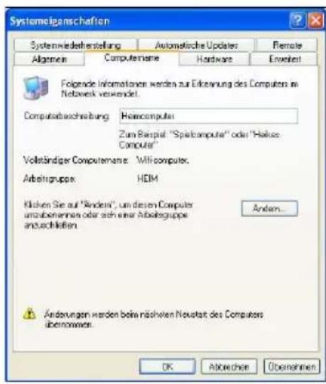 Systematicgenschaften Systemkredeharstellung Automaticische Updates Remote Allgemein Computername Hardware Envoielt Folgende Informationen werden zur Erkenung des Computers im Network verwendet. Computatiechnreibung: Heimcomputer Zum Beispiel: "Spielcomputer" oder "Helixes Computer" Vollständiger Computername: Will computer. Arbeitsgruppe: HEIM Klöven Sie auf "Änderin", um diesen Computer unzubarennen oder sich einer Arbeitsgruppe anschließen Andem... Änderungen werden beim nählichen Neustart des Computers übernommen. OK Abbrachten Übernehmen