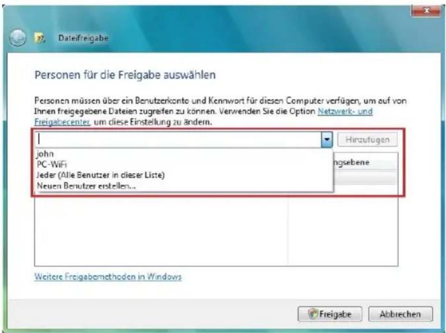 Personen für die Freigabe auswählen Personen müssen über ein Benutzerkonto und Kennwort für diesen Computer verfügen, um auf von Ihnen freigegebene Dateien zugreifen zu können. Verwenden Sie die Option Netzwerk- und Freigahecenter, um diese Einstellung zu ändern. I john PC-WiFi Jeder (Alle Benutzer in dieser Liste) Neuen Benutzer erstellen... Hinzufugen ngsebene Weitere Freigabemethoden in Windows Freigabe Abbrechen
