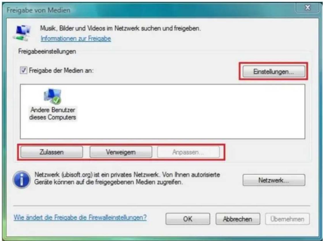 Freigabe von Medien Musik, Bilder und Videos im Netzwerk suchen und freigeben. Informationen zur Freigabe Freigabeeinstellungen ✓ Freigabe der Medien an: Einstellungen... Andere Benutzer dieses Computers Zulassen Verweigem Anpassen... Netzwerk (ubisoft.org) ist ein privates Netzwerk. Von Ihnen autorisierte Geräte können auf die freigegebenen Medien zugreifen. Netzwerk... Wie ändert die Freigabe die Firewalleinstellungen? OK Abbrechen Obemehmen