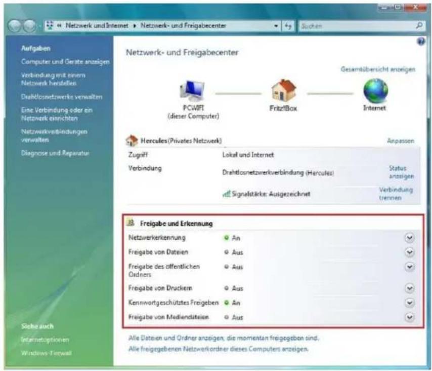 Netzwerk- und Freigabecenter Gesamtbübersicht anzeigen PCWIFT (dieser Computer) Fritz!Box Internet Hercules(Privetes Netzwerk) Anpassen Zugriff Lokal und Internet Verbindung Drahtlosnetzwerkverbindung (Hercules) Status anzeigen Signalstärke: Ausgezeichnet Verbindung trennen Freigabe und Erkennung Netzwerkerkennung An Freigabe von Datenien Aus Freigabe des öffentlichen Ordners Aus Freigabe von Druckern Aus Kennwortgeschüttes Freigeben An Freigabe von Mediandateilen Aus Schehe auch Internetoptionen Windows-Fortwall Alle Datenien und Ordner anzeigen, die momentan freigegeben sind. Alle freigegebenen Netzwerkordner dieses Computers anzeigen.