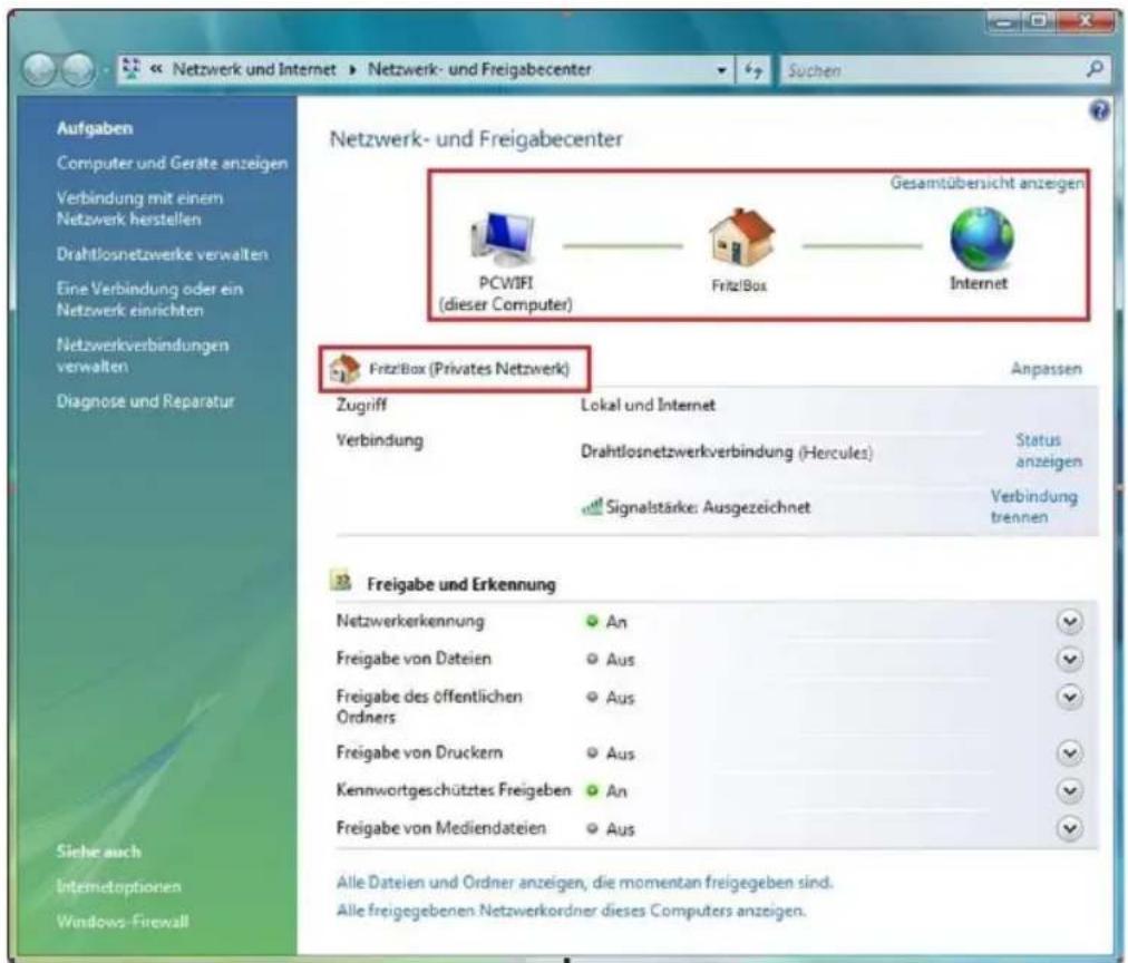 Netzwerk- und Freigabecenter Gesamtübersicht anzeigen PCWIFI (dieser Computer) Fritz!Box Internet Fritz!Box (Privates Netzwerk) Anpassen Zugriff Verbindung Lokal und Internet Drahtlosnetzwerkverbindung (Hercules) Status anzeigen Signalstärke: Ausgezeichnet Verbindung trennen Freigabe und Erkennung Netzwerkerkennung An Freigabe von Dateien Aus Freigabe des öffentlichen Ordners Aus Freigabe von Druckern Aus Kennwortgeschütztes Freigeben An Freigabe von Mediendateien Aus Sische auch Intermetoptionen Windows Firewall Alle Dateien und Ordner anzeigen, die momentan freigegeben sind. Alle freigegebenen Netzwerkordner dieses Computers anzeigen.