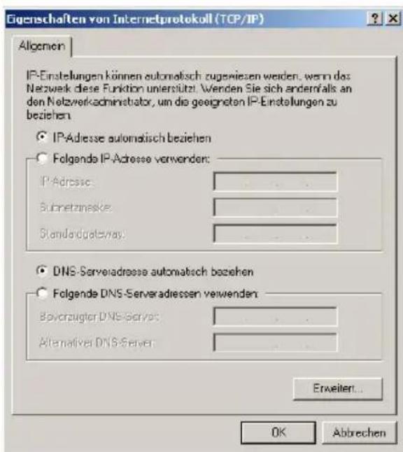 Eigenschaften von Internetprotokoll (TCP/IP) Allgemein IP-Einstellungen können automatisch zugeziehen werden, wenn das Netzwerk diese Funktion unterstützt. Wenden Sie sich andererfalls an den Netzverkadministrator, um die geeigneten IP-Einstellungen zu beziehen. IP-Adresse automatisch beziehen Folgende IP-Adresse verwenden: IP-Adresse Subnetzinsatz Standardgatesray DNS-Serveradresse automatisch beziehen Folgende DNS-Serveradressen verwenden: Savorzugter DNS-Servat: Alternative DNS-Server Erweiter... OK Abbrechen
