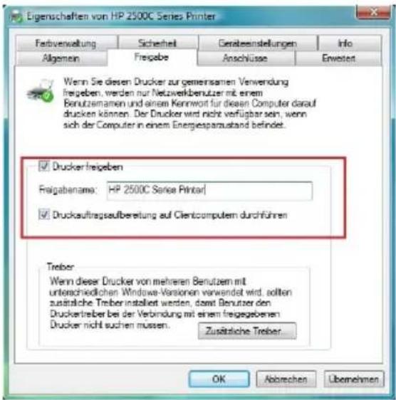 Eigenschaften von HP 2500C Series Printer Ferbverwaltung Sicherheit Geräteinstellungen Info Allgemein Freigebe Anschlüsse Erweiter Wenn Sie diesen Drucker zur gemeinsamen Verwendung freigeben, werden nur Netzwerkbenutzer mit einem Benutzemamen und einem Kennwort für diesen Computer darauf drucken können. Der Drucker wird nicht verfügbar sein, wenn sich der Computer in einem Energesparzustand befindet. ✓ Drucker freigeben Freigabenama: HP 2500C Sarise Printar ✓ Druckauftragsaufbereitung auf Clientcomputern durchführen Treiber Wenn dieser Drucker von mehreren Benutzern mit unterzeichnetlichen Windows-Versionen verwendet wird, sollten zustatische Treiber installiert werden, damit Benutzer den Druckertreiber bei der Verbindung mit einem freigegebenen Drucker nicht suchen müssen. Zusätzliche Treiber OK Abbrechen Übernehmen
