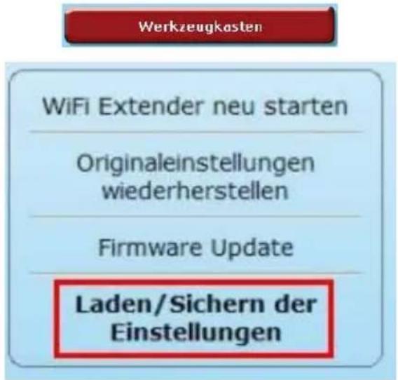 Werkzeugkosten WiFi Extender neu starten Originaleinstellungen wiederherstellen Firmware Update Laden/Sichern der Einstellungen