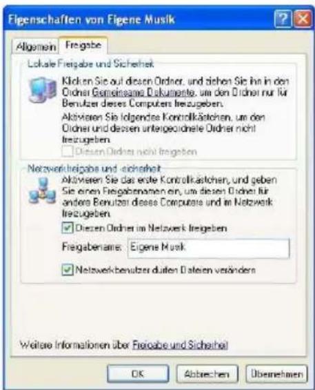 Elgenschaften von Eigene Musik Allgemein Freigebe Lokale Freigebe und Sicherheit Klicken Sie auf diesen Ordner, und diefen Sie hin in den Ordner Gemeinsame Dokumente, um den Ordner nur für Benutzer dieses Computers freizugeben. Aktivieren Sie folgenden Kontrollkästehen, um den Oicher und dessen untergezeichnete Ordner nicht freizugeben. Diesen Ordner nicht fristeten Netzwerkfreigebe und sicherheit Aktivieren Sie das erste Kontrollkästehen, und geben Sie einen Freigabenamen ein, um diesen Oicher für andere Benutzer diese Computare und im Netzwerk freizugeben. Diesen Ordner im Netzwerk freigeben Freigabename: Eigene Musik Netzwerkbenutzer duten Daten veränden Weitere Informationen über Freigebe und Sicherheit OK Abtrechen Übernehmen