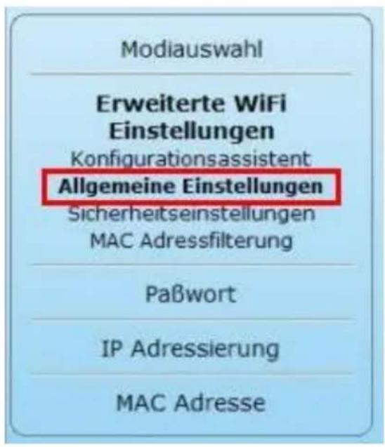Modiauswahl Erweiterte WiFi Einstellungen Konfigurationsassistent Allgemeine Einstellungen Sicherheitseinstellungen MAC Adressfilterung Paßwort IP Adressierung MAC Adresse